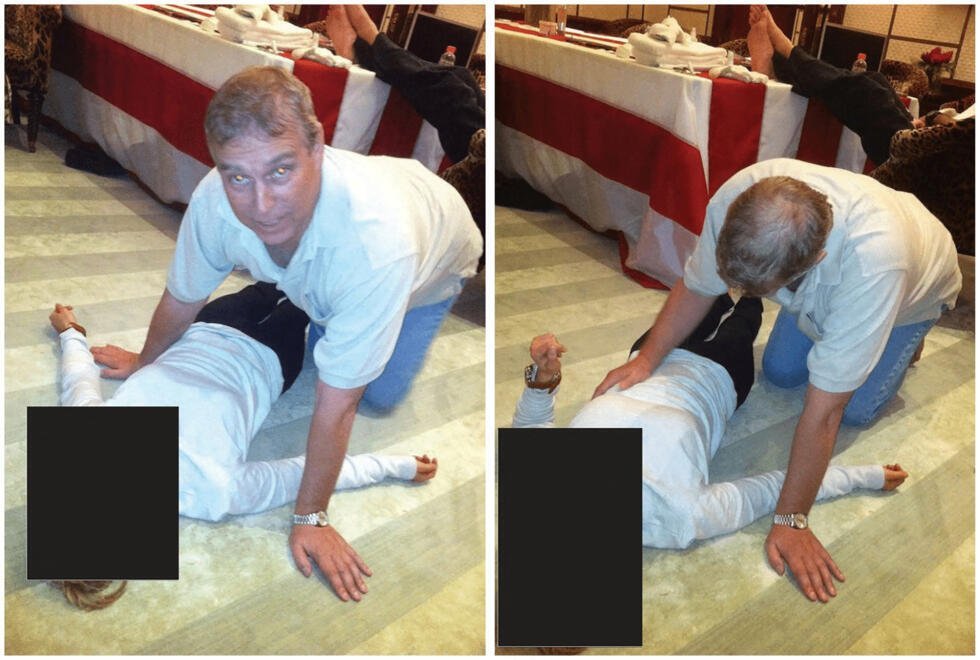 El expríncipe Andrés de Reino Unido se arrodilla junto a una mujer en una combinación de imágenes publicadas por el Departamento de Justicia en Washington D. C., EE. UU., el 30 de enero de 2026, como parte de un nuevo conjunto de documentos de sus investigaciones sobre el difunto financiero y delincuente sexual condenado Jeffrey Epstein.