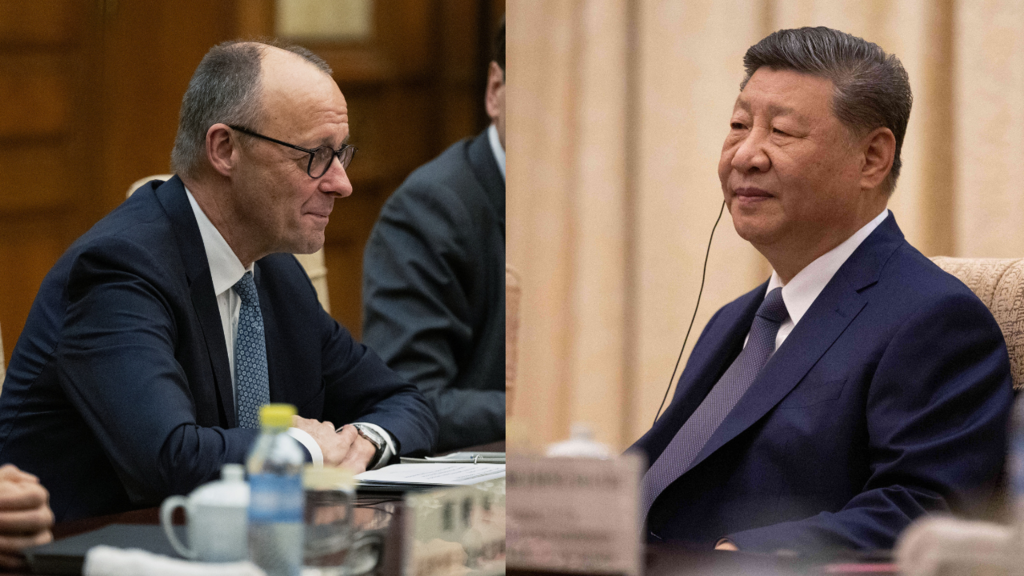 El canciller alemán Friedrich Merz participa en una reunión con el presidente chino Xi Jinping en la Casa de Huéspedes Estatal Diaoyutai en Pekín, China, el miércoles 25 de febrero de 2026.