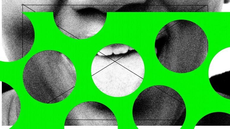 Collage de una persona sacando la lengua, formas circulares y una "X" dibujada