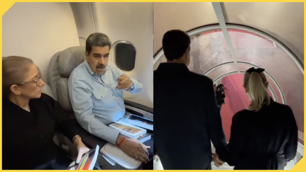 Capturas de pantalla tomadas por France 24 de un video difundido por Nicolás Maduro en 2024, en su regreso a Venezuela tras un viaje a Rusia. Este video se viralizó recientemente, ya que muchos usuarios aseguraron falsamente, que el líder chavista fue liberado de la prisión en la que se encuentra en Estados Unidos.