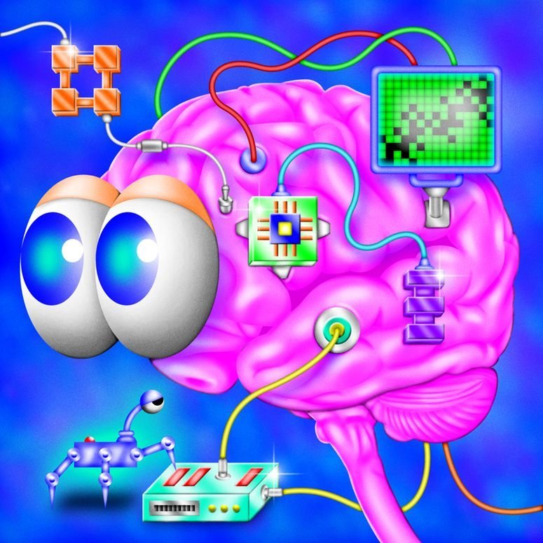 Ilustración de un cerebro con chips y circuitos.