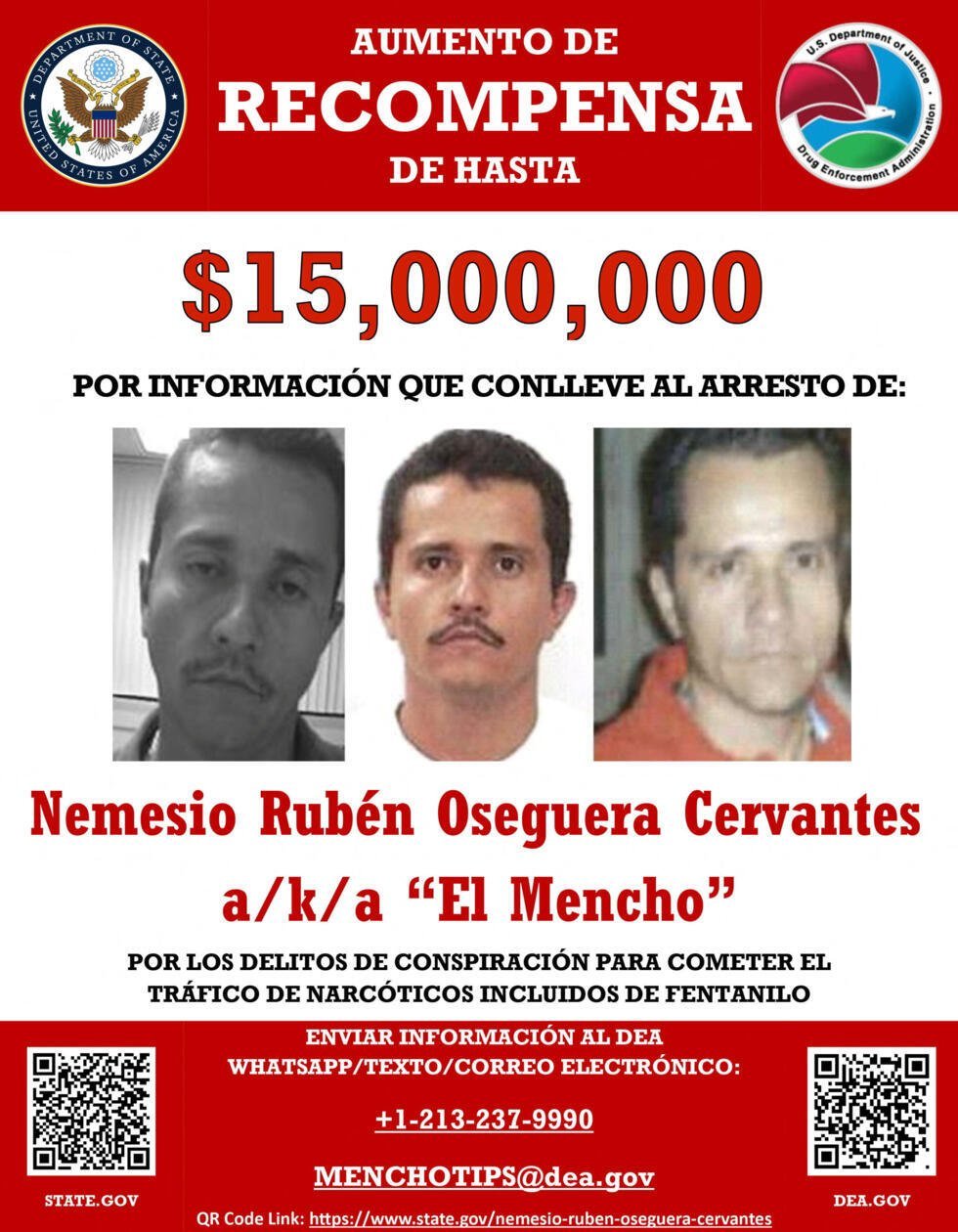 El narcotraficante mexicano Rubén Nemesio Oseguera Cervantes, alias 'El Mencho', en un cartel del Departamento de Estado de EE. UU., con una recompensa de 15 millones de dólares por información que conduzca a su detención.