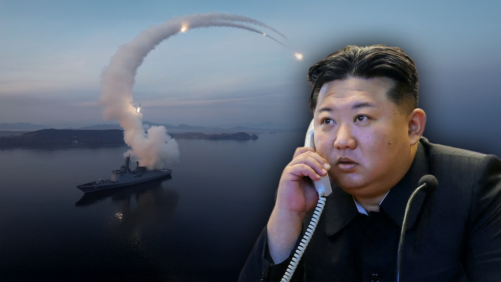 Composición fotográfica en la que aparece el líder norcoreano, Kim Jong-un y un lanzamiento de misiles por parte de Corea del Norte.