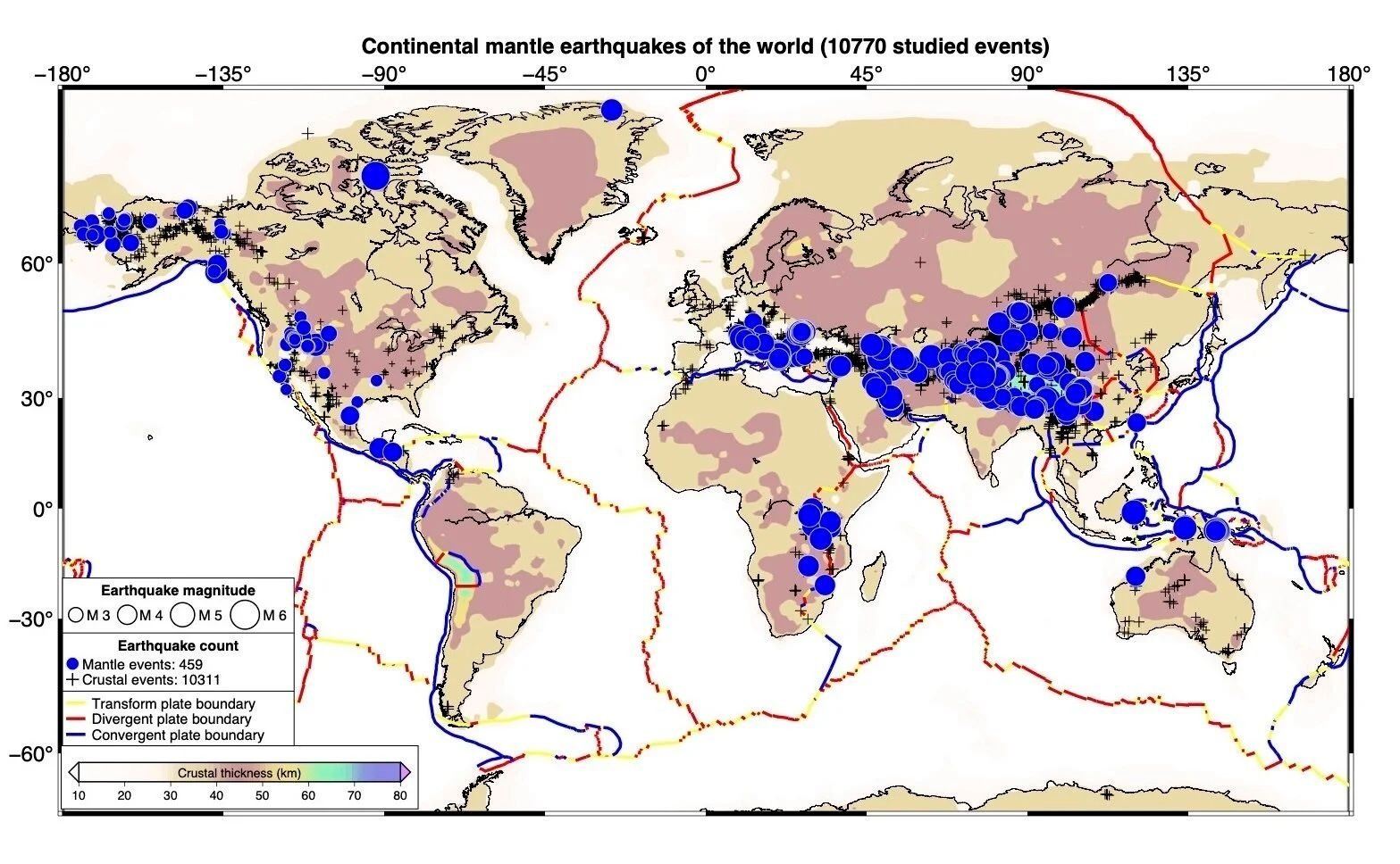 El mapa abarca los terremotos del manto continental que se producen en todo el mundo.