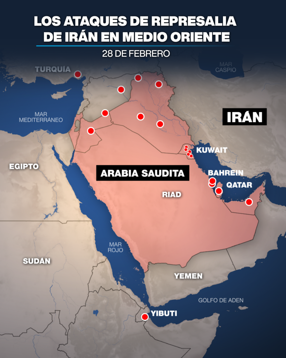 Mapa que muestra los países afectados por los ataques de represalia de Irán, el 28 de febrero de 2026.