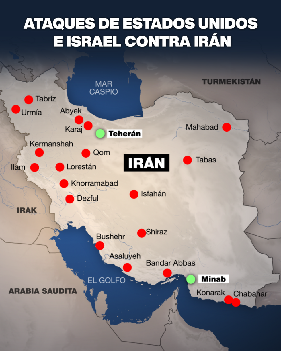 Mapa que muestra las localidades impactadas en Irán por los ataques de Israel y Estados Unidos, desde el 28 de febrero de 2026.