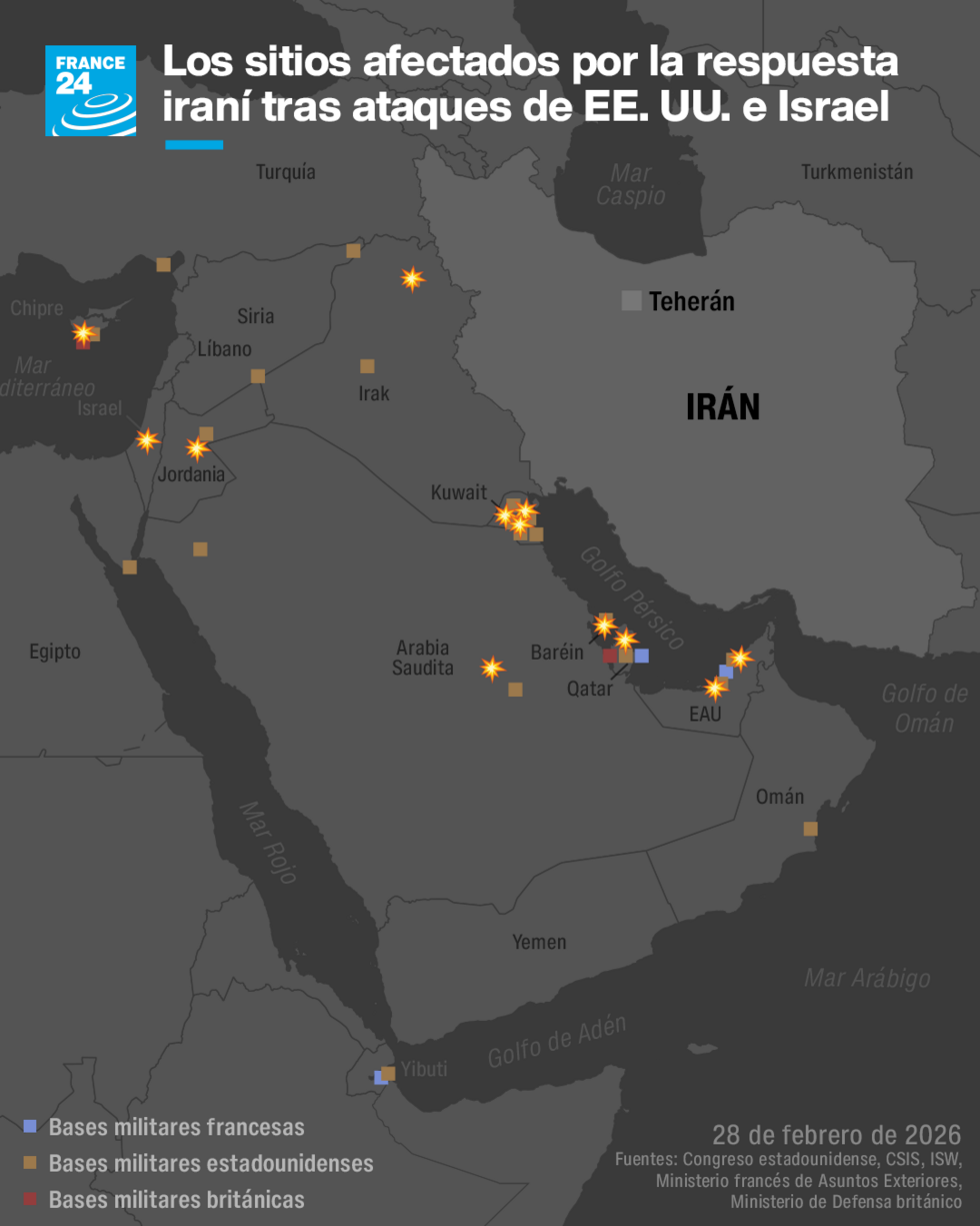 Mapa que muestra los países de Medio Oriente donde Irán ha lanzado ataques de represalia contra objetivos estadounidenses tras embestidas de EE. UU. e Israel contra la República Islámica.