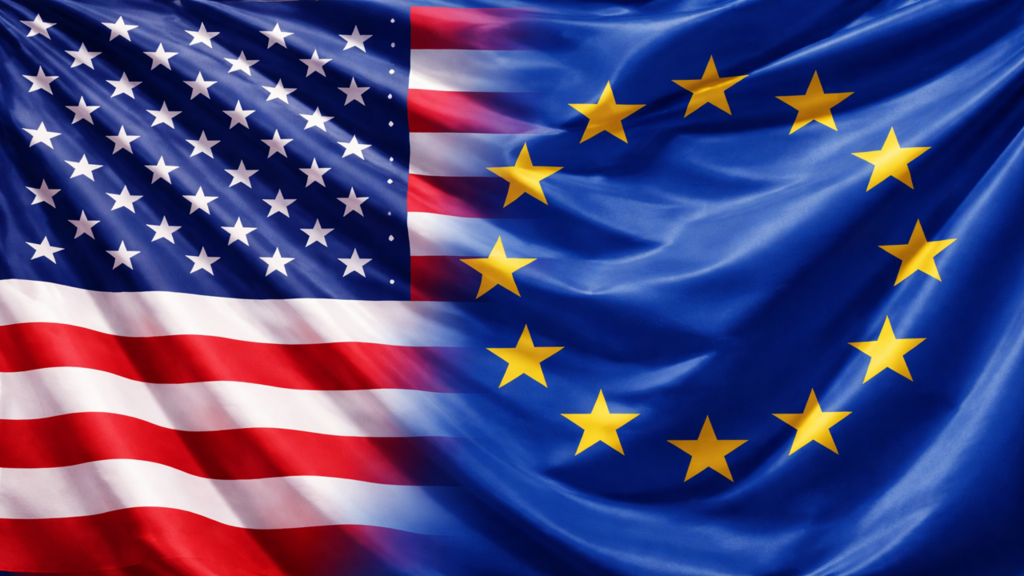 Los líderes europeos reafirmaron su postura ante las presiones de Estados Unidos y descartaron enviar buques de guerra al estrecho de Ormuz sin un mandato internacional. Montaje realizado de las banderas de Estados Unidos y la Unión Europea.