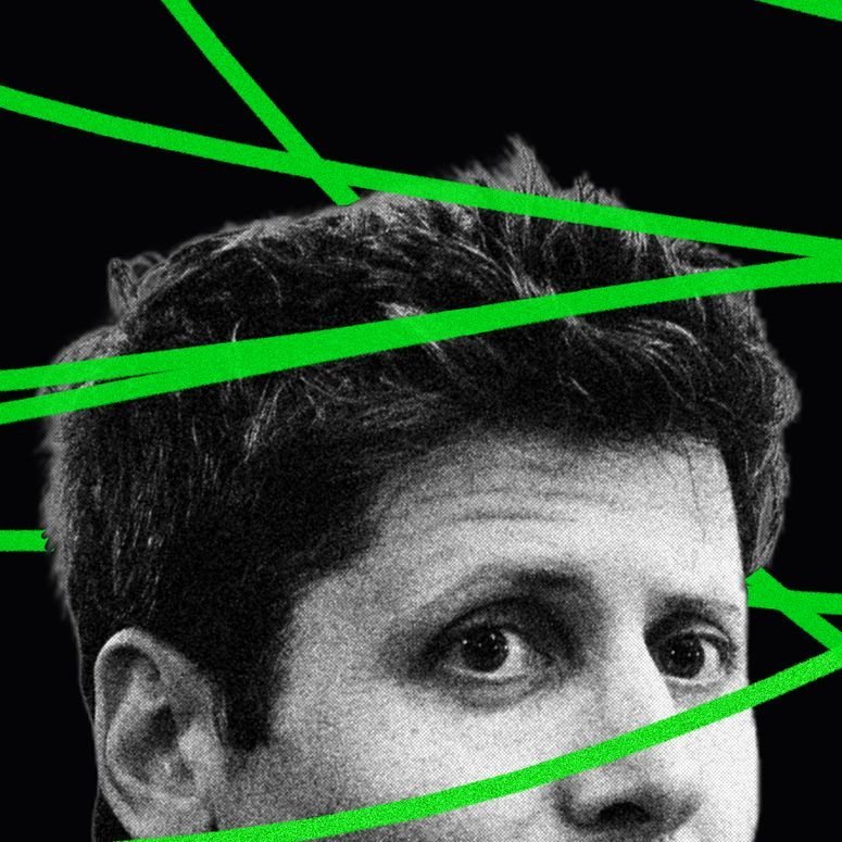 Imagen de Sam Altman con fondo negro y líneas verdes rodeando su silueta. 