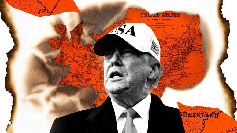 Donald Trump against a burnt paper with the US map.