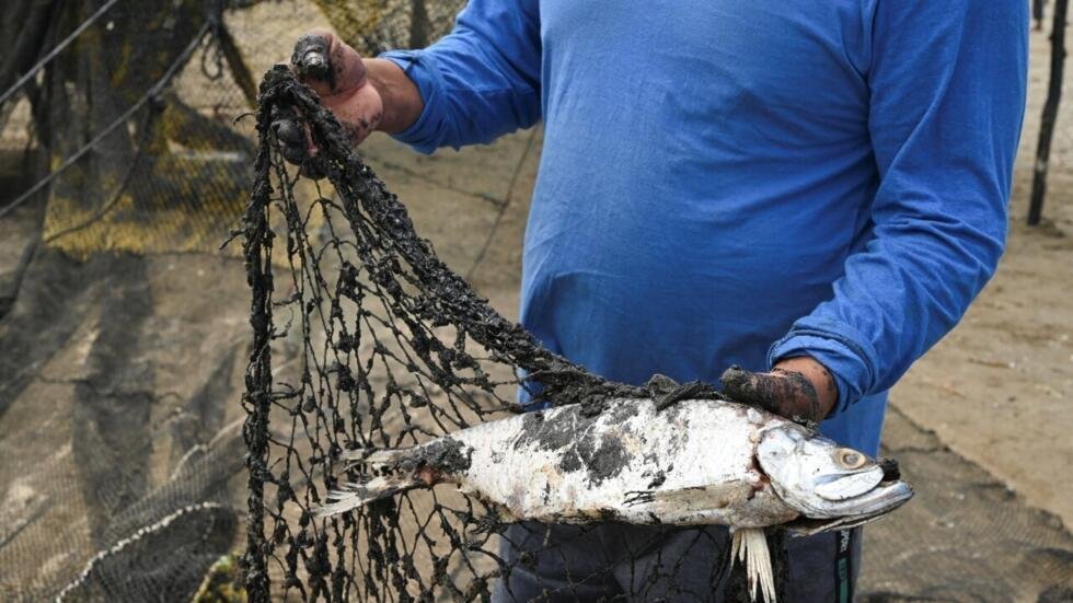 Un pescador sostiene una red con un pez muerto manchado de petróleo proveniente de un derrame que afectó a pescadores y diversas comunidades costeras en Paylebot, estado de Tabasco, México, el 22 de marzo de 2026.