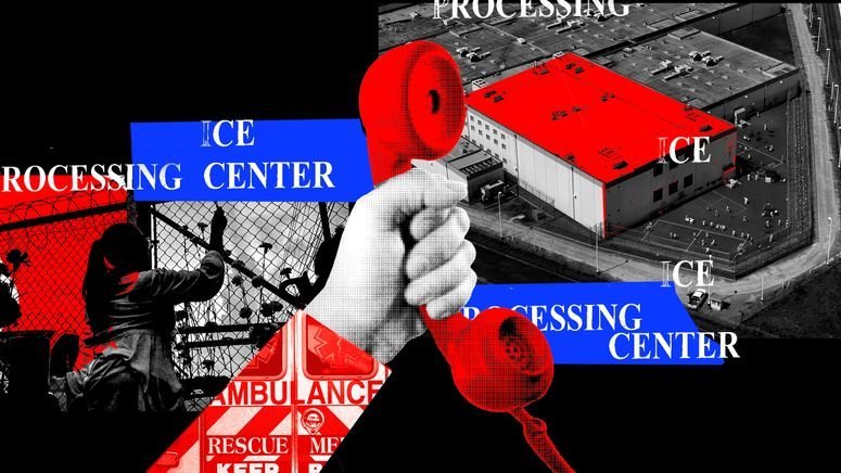 Una mano que sostiene un teléfono con la imagen de una ambulancia contra la vista aérea de un centro de detención de ICE y una persona parada afuera de una cerca de alambre.