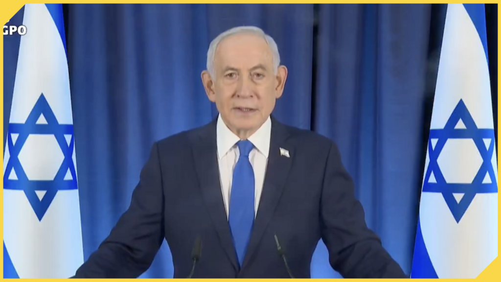 Captura de pantalla tomada por France 24, del comunicado oficial televisado, que ofreció el primer ministro de Israel, Benjamin Netanyahu, el 13 de marzo de 2026.