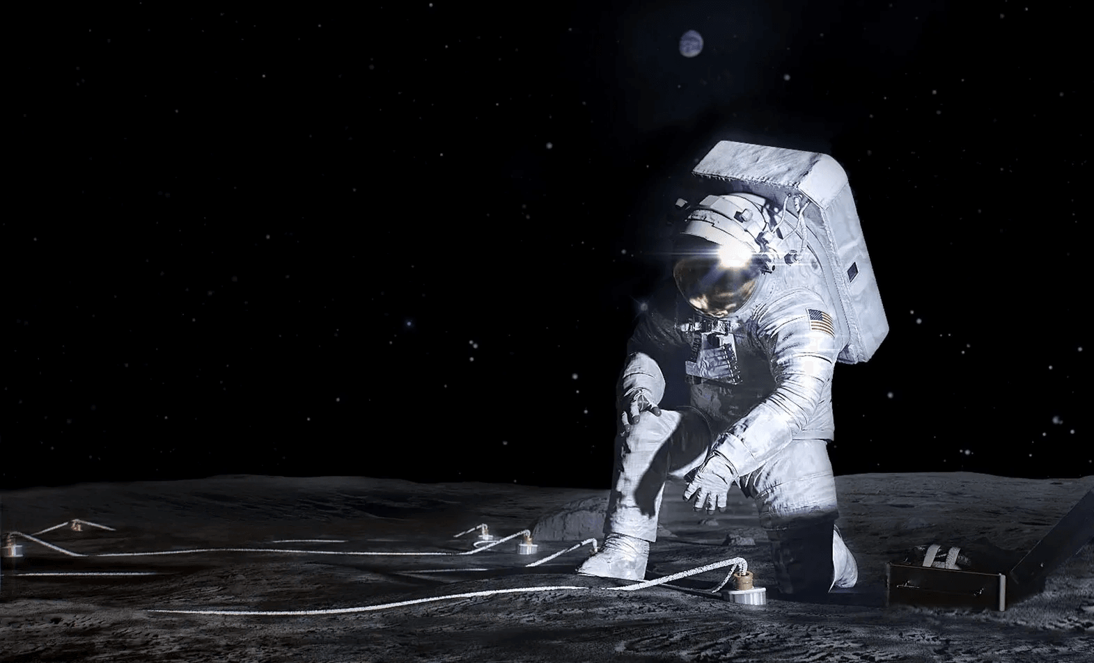 Concepto de la tripulación Artemis III colocando infraestructura en la Luna.
