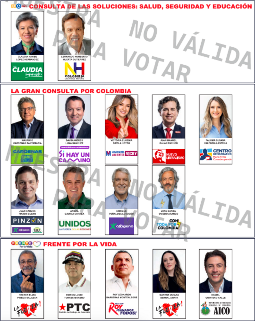 Tarjetones de las tres consultas interpartidistas para la Presidencia de Colombia.