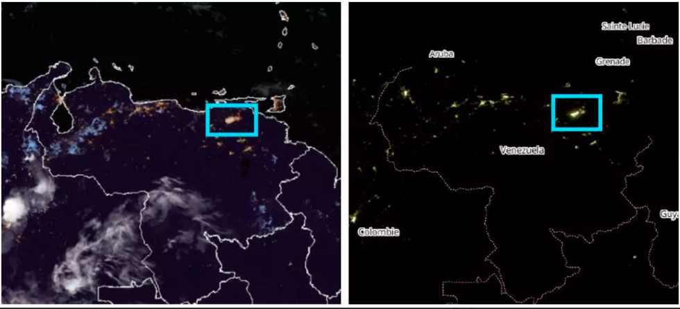 Imágenes satelitales nocturnas: Venezuela y la luz proveniente del estado de Monagas (en azul). © NOAA NESDIS STAR, 3 de marzo de 2026 (izquierda) / Mapa de Infraestructura Abierta (derecha)
